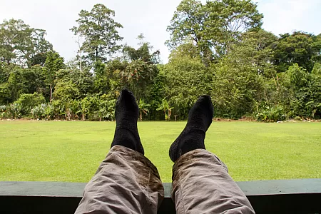 Back from excursions, there is comfortable chairs on the balcony of Sirena Ranger Station to relax
